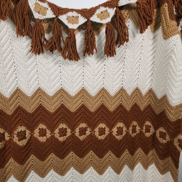 HANDMADE Crocheted Afghan Throw Blanket 81" x 36" Plus 4" Tassels Browns Cream - Picture 2 of 5